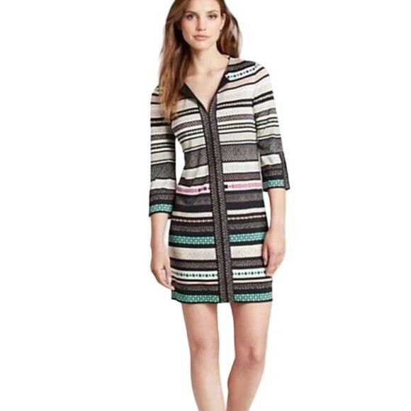 Diane Von Furstenberg Rose Print Silk Shift Dress Split Neck Striped Mini Size 4 - Picture 1 of 16